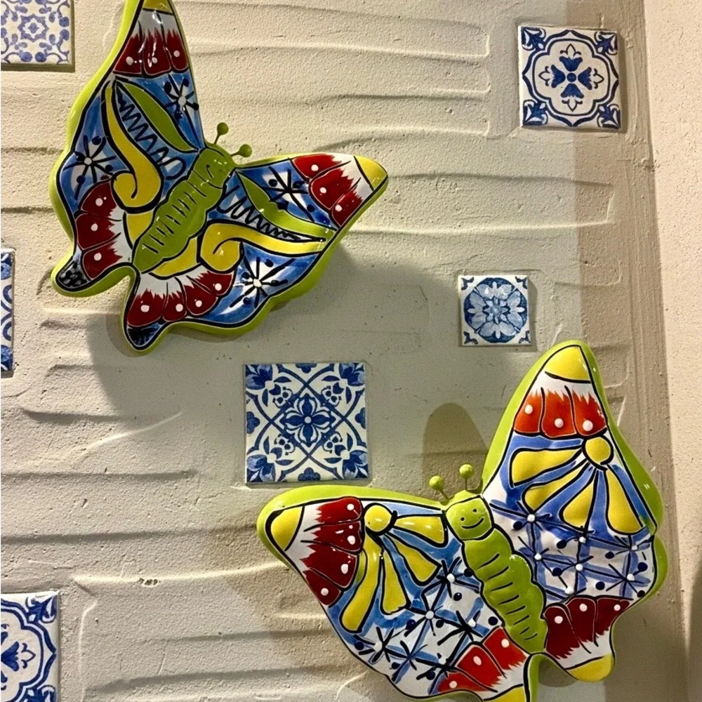 Decorative Talavera Ceramic Butterfly Wall Art in Multicolor Set of 2